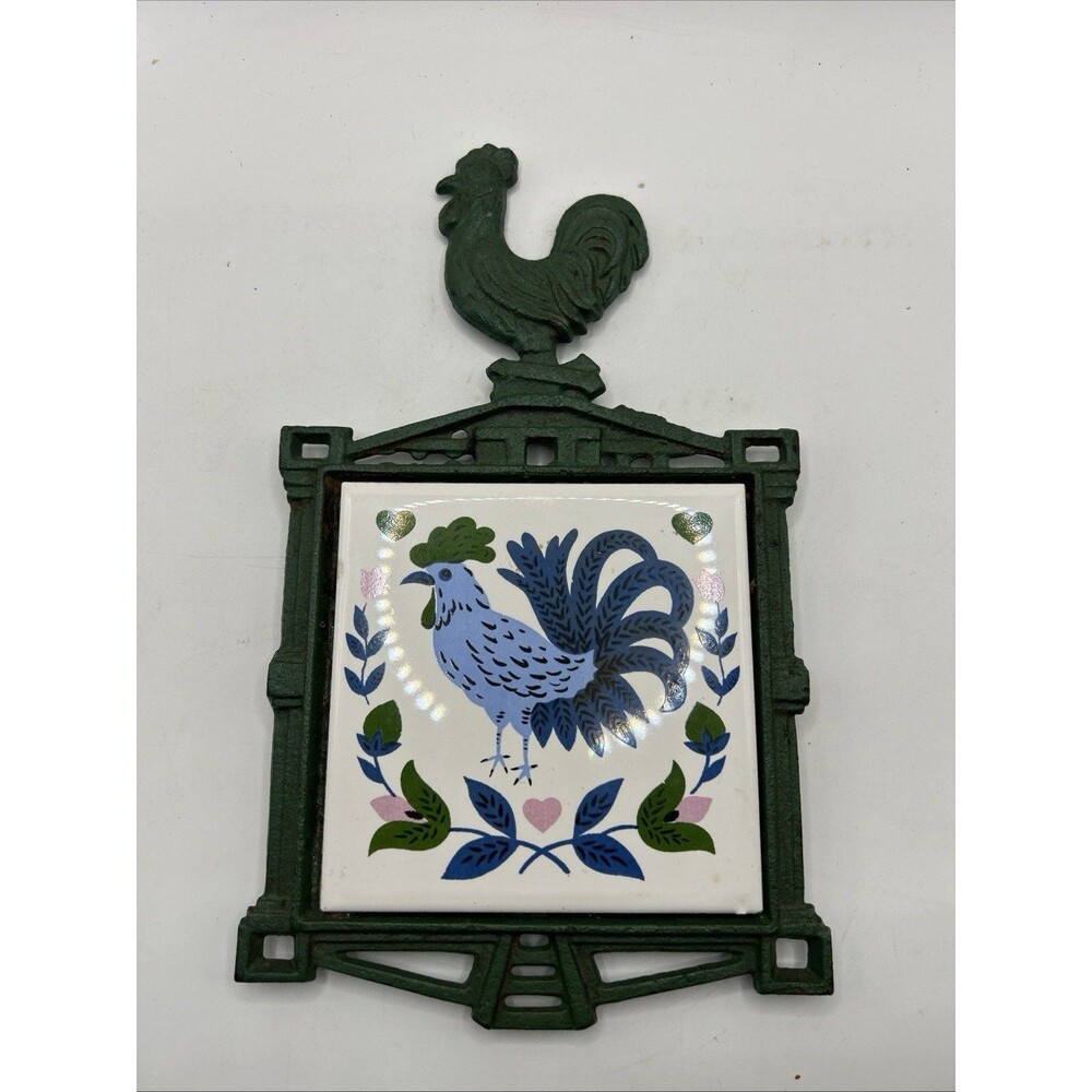 Vintage Japan Trivet Hot Plate Tile & Cast Iron Rooster Cottage Core Farm House